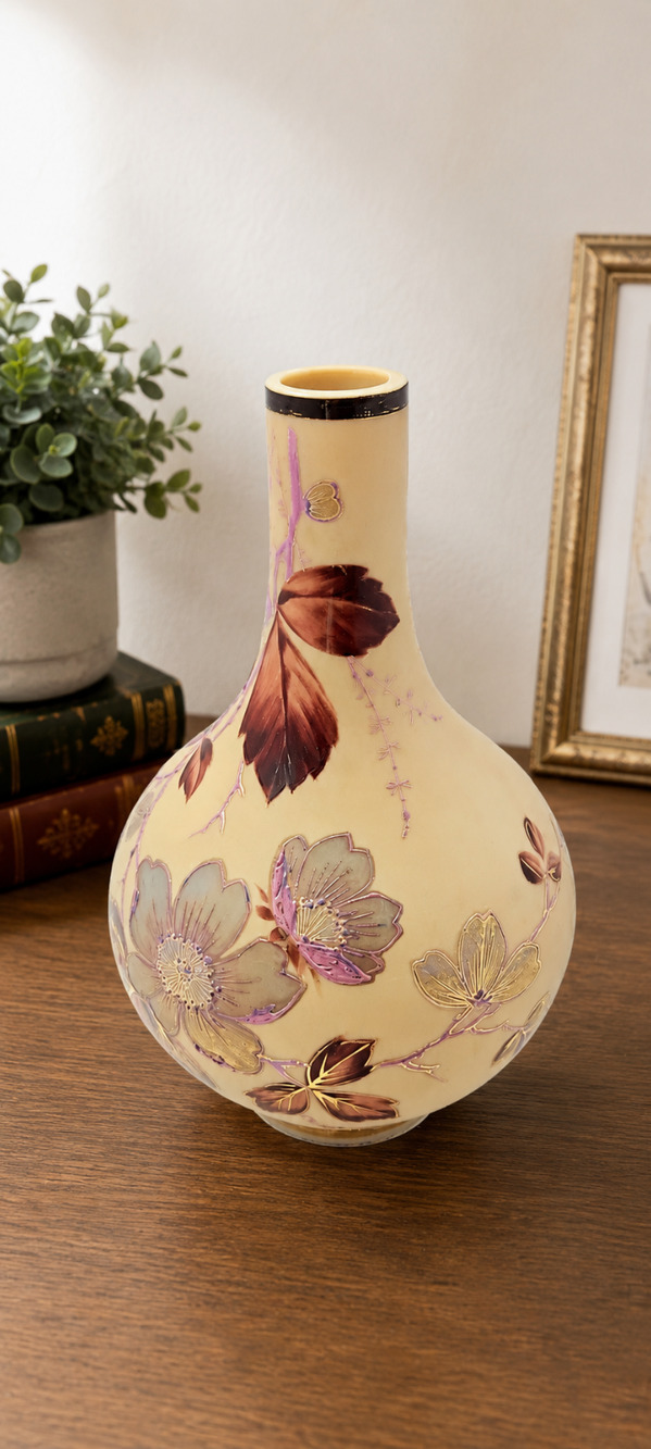 Floral Moriage Style Vase Raised Enamel Pink Gold Cream Decorative 9"